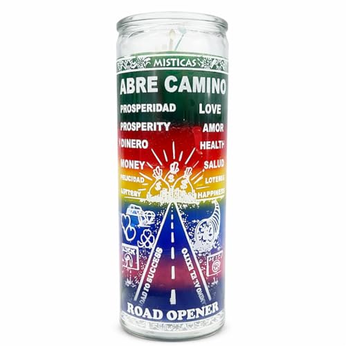 Misticas Abre Camino Road Opener Candle, Prosperity Love Money Health, Rainbow Multicolor, Glass Jar