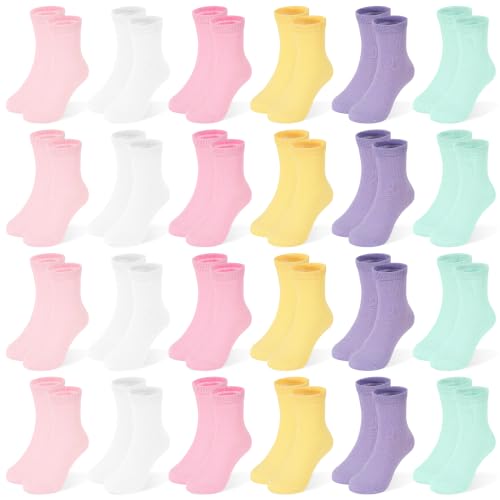 Image of 24 Pairs Girls Solid Crew Socks, Kids School Uniform Athletic Socks Ages 1-14