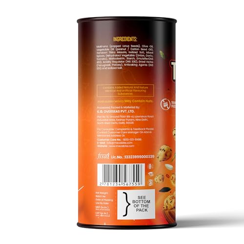 Image of MevaBite Premium Roasted Tandoori Makhana - 80g Tin Jar | Handpicked Lotus Seeds | Light, Crunchy & Guilt-Free Snack | Gluten-Free | Low in Calories, Fat & Sodium | No Cholesterol or Trans Fats | Perfect for Healthy Snacking Anytime