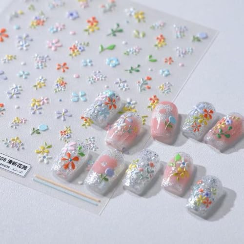 Image of Flower Nail Stickers Colorful Nail Decals for Nail Art Design 5D Embossed Self Adhesive Nail Art Stickers Charm Floral Supplies Accessories for Women Nails Manicure Decoration