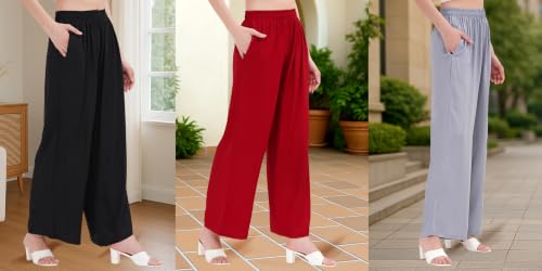 Image of Buy That Trendz Palazzo Pants for Women Rayon Elasticated Regular Fit Flared Wide Leg M to 6XL Pack of 3