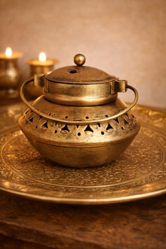 Image of Metal Degchi Style Wall Hanging Incense Holder & Dhoop Dani | Loban Burner & Tea Light Candle Holder for Pooja, Home Decor, Yoga & Meditation | Dhoop Batti Stand (5 Inch with Hook, Rose Gold)