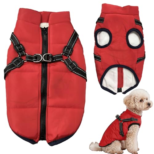 Hundemantel wasserdicht mit Geschirr, Winter warme Fleecejacke für mittelgroße und große Hunde, reflektierende Winddichte Welpen-Schneejacke (Rot-M)