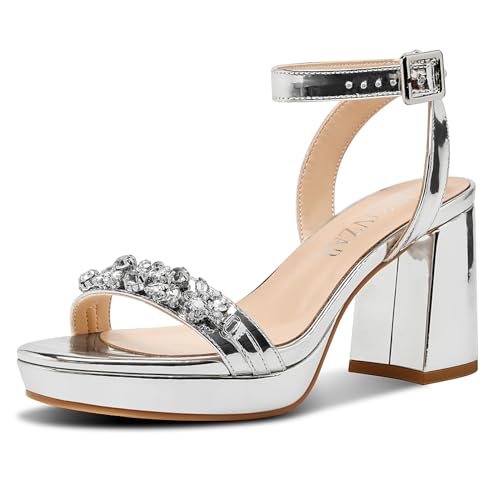 HEUIVZAR Womens Platform Chunky Block Heels Open Toe Ankle Strap Rhinestone Crystal Wedding Sandals Slingback Dress Shoes 3.2 Inches Heels