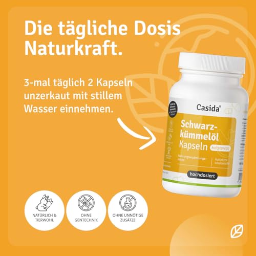 Casida Schwarzkümmelöl Kapseln kaltgepresst -natürlich- 1650 mg Linolsäure und 60 mg Vitamin E pro Tagesdosis -180 Kapseln