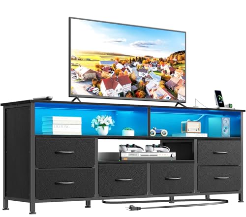 Image of Furologee 55 inch LED TV Stand for Bedroom, Entertainment Center with 6 Fabric Drawers for 50 55 60 Inch TVs, Dresser TV Stand Console Media Table with Power Outlets for Living Room, Black