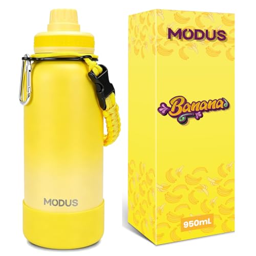 Garrafa térmica esportiva MODUS de 950ml na cor amarela ao lado de sua embalagem temática decorada com desenhos de bananas.