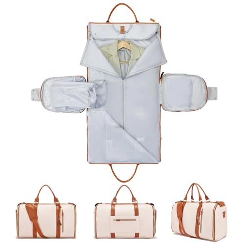 Convertible Carry On Garment Bag, Garment Duffle Bags for Travel, Foldable Garment Duffle Bag, 3 In 1 Garment Bags for Travel, Suit Travel Bags for Men Women Gifts for Retirement-White&Brown