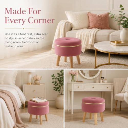 Image of Ottoman Stool for Living Room Foot Rest | Velvet Small Ottoman Foot Stool | Solid Wood Legs | Footstool Puffy for Home, Bedroom & Makeup Table | 30 x 30 cm (12 x 12 Inch) | Gajri