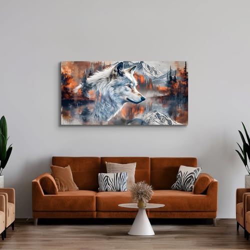 SERIMINO Large Canvas Wall Art for Living Room, Animal Silver Wolf Office Decor Art Prints, Abstract Winter Landscape Pictures Wall Decor Aesthetic, Nature Modern Home Decor Paintings 24"X48"
