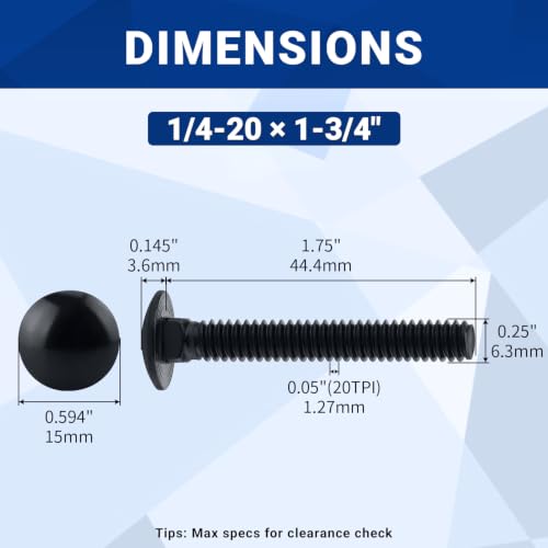 Image of 1 /4-20 x 1-3 /4 inch Black Carriage Bolts with Nuts and Washers Kits (10 Sets), 304 Stainless Steel 18 /8, Black Finish, Round Head, Square Neck, Heavy Duty Bolts, Indoor Outdoor Fastening Bolts, Fayeploo