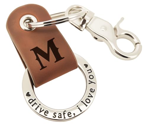 Japrex Embossed Leather Keychain, Personalized Keychain For Him, Engrave with Name Initial, Birthday Gift for Him, Dad, Boyfriend, New Driver Gifts, Couple Keychains (Initial M)