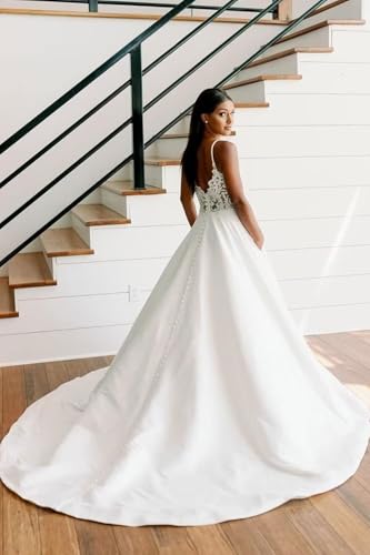 Women’s A Line Spaghetti Straps Wedding Dress for Bride, Deep V Neck Satin Sleeveless Bridal Gown with Train2