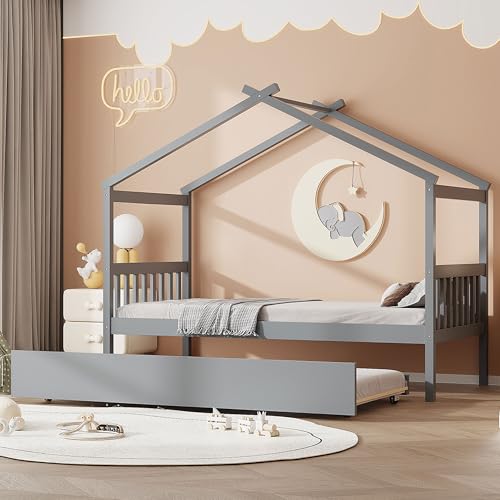 Image of Twin Size Creativity House Bed with Roof Frame and Twin Size Trundle, Montessori Wooden Platform Bed with Sturdy Slats Support for Kids Teens Girls Boys, No Box Spring Needed (Gray-02, Twin)
