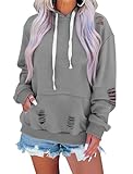 EADINVE Women Hooded Sweatshirt Hollow Out Distressed Long Sleeve Drawstring Hoodie with Kangaroo Pocket Grey