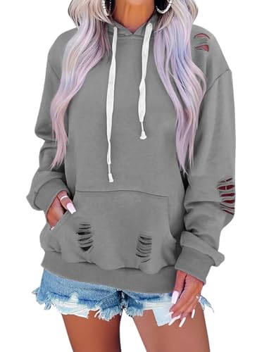 EADINVE Women Hooded Sweatshirt Hollow Out Distressed Long Sleeve Drawstring Hoodie with Kangaroo Pocket Grey