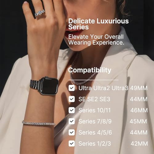 Image of Fullmosa Slim Metal Band for Apple Watch 46(S10 /11) 42 44 45 49mm, Black | Steel Replacement Strap for iWatch Ultra 3 /2 /1 SE 3 /2 /1 Series 9 /8 /7 /6 /5 /4 /3 2 /1 Women (NO WATCH)