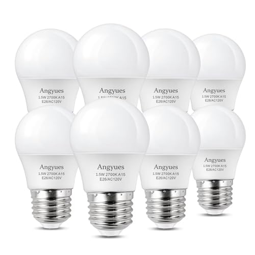Angyues Low Watt Light Bulbs, 1.5W LED Bulb Equivalent 15W20W Light Bulbs,A15 LED 15 Watt Light Bulbs Soft White 2700K Low wattage Energy Saving Home Light Bulb E26 Base Non-Dimmable 8Pack