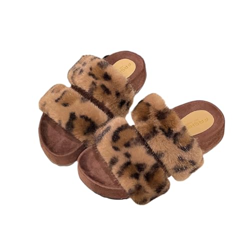 ZQW Leopard Fuzzy Slides Women Plush Chunky Platform Slippers Strappy Sandals Y2K Cute Cozy Casual Walking Shoes Outdoor