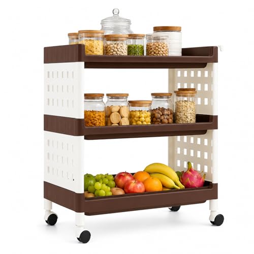 Image of LEOPAX 3 Layers Plastic Rolling Storage Rack | Multipurpose Stackable Storage Rack with Wheels for Kitchen Laundry Room Bathroom Office Home - Brown (50 x 30 x 54cm)