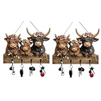 Highland Cow Ornaments Key Holder, Wall Mount Bullhead Animal Wooden Towel Key Hooks, Coat Hanger with 4 Hooks, Cow Wall Decorative Key Rack for Entryway Hallway Farmhouse