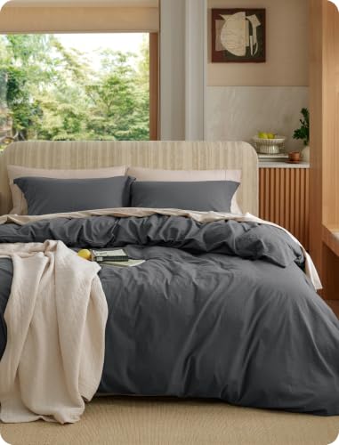 Image of Bedsure 100% Washed Cotton Duvet Cover Cal King - Charcoal Minimalist Bedding Set Linen Like - PureWoven Plain Simple & Soft Comforter Cover for All Seasons (Charcoal, California King, 104 inchx98 inch)