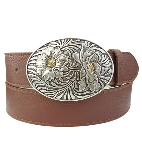 AXESORIA: Plus Size: Western Sun flower Buckle Belt Brown 2X