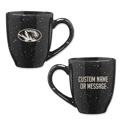 Image of Rico Industries NCAA Missouri Tigers Black Personalized 16 oz Team Color Laser Engraved Speckled Ceramic Coffee Mug