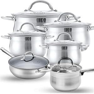 Alpine Cuisine Cookware Set 12-PC Belly Shape – Stainless Steel Cookware Sets with Lid, Stove Top Cookware Set for Healthy Cooking, Comfortable Handles, Dishwasher Safe & Easy to Clean