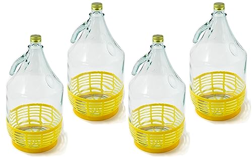 WYSKONT Bouteille bonbonne à col étroit avec bouchon à vis fixe et panier pour la fabrication du vin, stockage de boissons, service en verre transparent, 4...