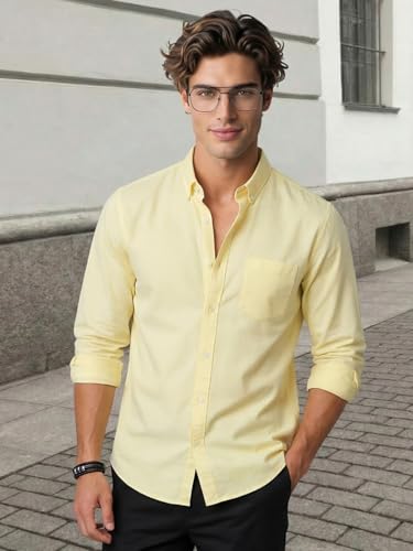 Image of Urbano Fashion Men's Cotton Full Sleeve Regular Fit Solid Oxford Shirt with Button-Down Collar