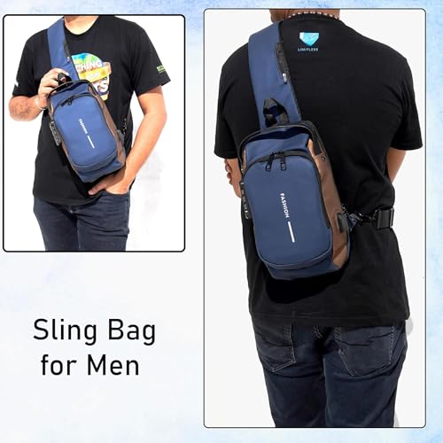 Image of Sling Bag for Men Stylish Crossbody Backpack for Men & Women, Anti-Theft Chest Bag with USB Charging Port, Messenger Bags, Casual Shoulder Bag (Blue-Gold)