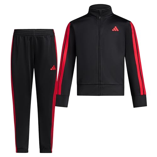 adidas Boys 2-Piece Full-Zip Jacket and Jogger Set Long Sleeve Mock Neck Track Jacket with Side Pockets and Ribbed Trim Elastic Waistband Jogger Pants Regular Fit Black/Red 7