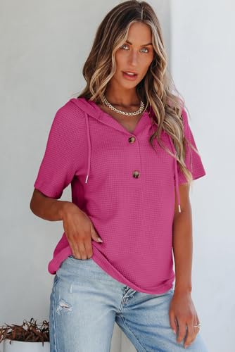 Image of Dokotoo Womens Summer Tops Waffle Knit Short Sleeve Lightweight Drawstring Hoodies Button V Neck Casual Blouses Shirts