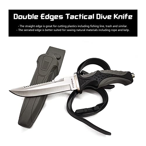 Boffer Dive Knife With Leg Straps, Scuba Diving Knife With Abs Sheath, Rubber Strap, Stainless Steel Serrated Double Edge Divers Knives For Snorkeling, Hiking, Camping #TOP2