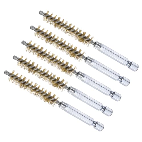 Image of Bore Brush, 10mm Dia 4 Inch Length, Brass Cleaning Wire Brushes with 1 /4 Inch Hex Shank - (Applications: for Power Drill, Die Grinder), 5-Pieces