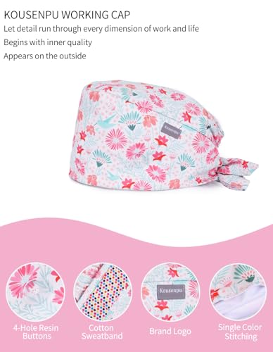 Image of Kousenpu Scrub Caps for Women, Adjustable Women's Surgical Cap with Buttons, Breathable Cute Design for Nurses and Doctors