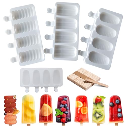 Stampo per gelato in silicone, 3 Pezzi 12 celle Pop Ice Lolly stampo Maker da dessert congelato Popsicle in silicone per torte, riutilizzabili, con 50 bastoncini in legno