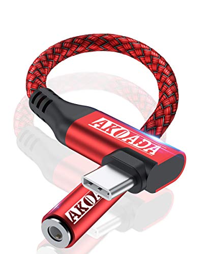 AkoaDa USB C zu 3,5mm Kopfhöreranschluss Adapter, Winkel USB C zu 3,5mm Aux zu Audio Konverter Nylon geflochten Kompatibel mit Note S10 S9 Plus iPad Pro 2020 2018 Huawei und weitere Geräte(Rot) Cover