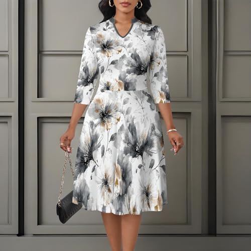 Image of PinkPatty Women's Casual A-line Midi Dresses 3 /4 Sleeve V Neck Fit and Flare Dress with Pockets