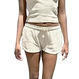 Women Y2K Low Rise Sweat Shorts Summer Cute Low Waist Wide Leg Mini Shorts Casual Basic Drawstring Lounge Shorts (Cream White,Small)