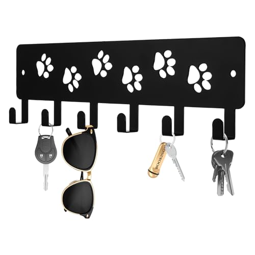 QFGasre Key Holder Wall Mount & Dog Leash Holder for Wall, Metal Key Rack with 6 Hooks Decorative Animal Storage Rack Adhesive for Entrance Living Room Kitchen Dog Paws Design WallOrganizer