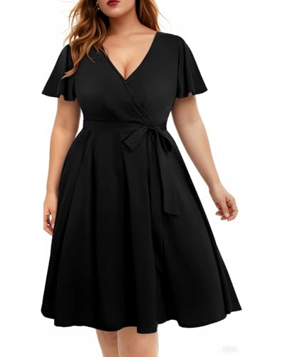 Pinup Fashion Damen Übergröße Wickelkleid V-Ausschnitt Flatterärmel Floral Midi Kleid Casual Party Brautjungfer Swing Kleid - Schwarz - 48 Mehr