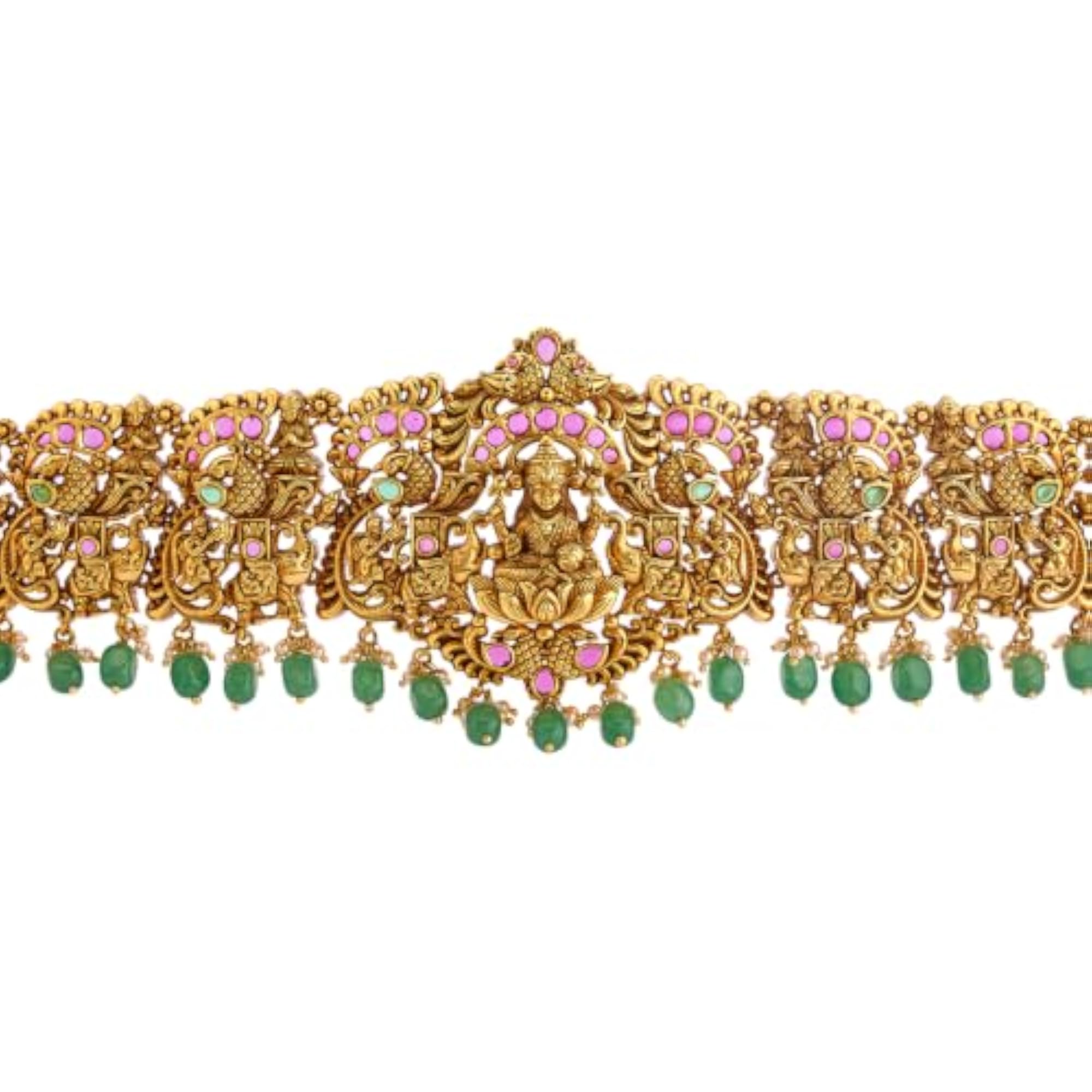 Women's Ruby-Green Gold Plated Antique Kamarbandh Waist Belt, Adjustable