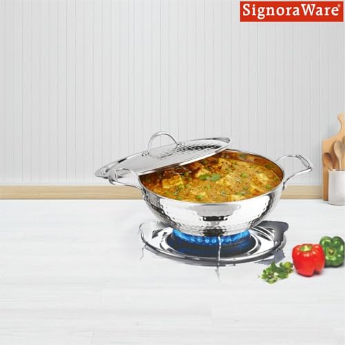 Image of Signoraware Artista Tri Ply Stainless Steel Hammered Deep Kadhai 20cm with Steel Lid | Elegant Finish | Even Heat Distribution | Ideal for Deep Frying & Daily Indian Cooking Needs (2 LTR | Steel)