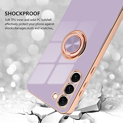 Sakuulo For Samsung Galaxy S23 Case With 360° Rotation Magnetic Ring Kickstand Holder,Shiny Plating Gold Edge Soft Slim Shockproof +Screen Protector Protective Cover For Women Girls(Purple) #TOP3