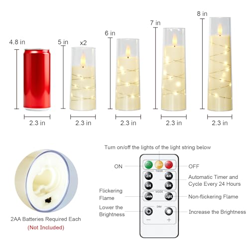 Image of Raycare Flameless Candle with Remote Timer - 5 Flickering Acrylic Battery Operated LED Pillar Candles with Embedded Star String for Halloween, Home Decor, and as a Gift(Ivory)