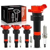 A-Premium Ignition Coil Pack and Iridium Spark Plugs Compatible with Hyundai & Kia Vehicles - Veloster, Accent, Rio, Soul, 1.6L 4 Cyl 2012-2019 - Replaces 273012B100, Set of 4, Red