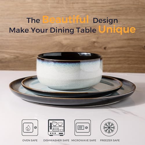 Image of LeRATIO Ceramic Dinnerware Set of 4, Poreclain Plates, Bowls, Handmade Reactive Glaze Dishes, Chip Resistant, Oven & Dishwasher Safe, Service for 4-Gray White