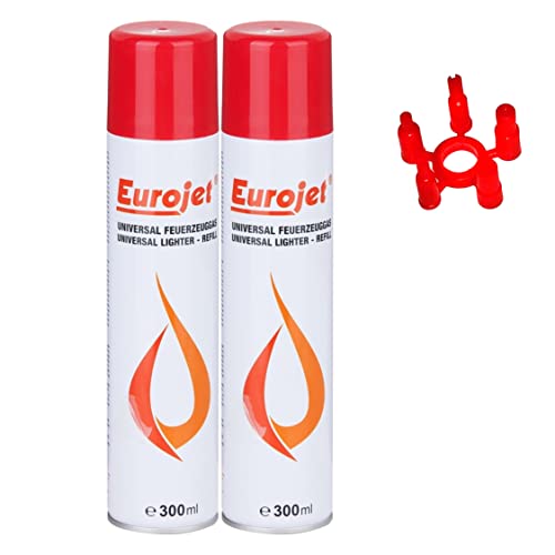 EUROJET Feuerzeuggas zum nachfüllen 2 x 300ml Nachfüllflasche Nachfüllgas Kartusche mit Adapter Feuerzeug Gas für Küchenbrenner Flambierbrenner Cover